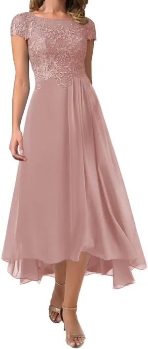 Tea Length Mother of The Bride Dresses Scoop Neck Lace Appliques Ruffle Chiffon Formal Wedding Guest Evening Dresses