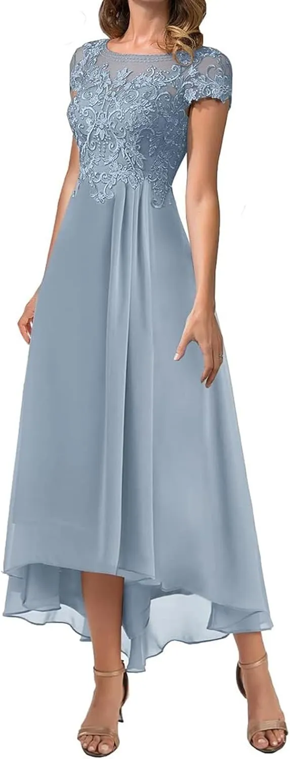 Tea Length Mother of The Bride Dresses Scoop Neck Lace Appliques Ruffle Chiffon Formal Wedding Guest Evening Dresses