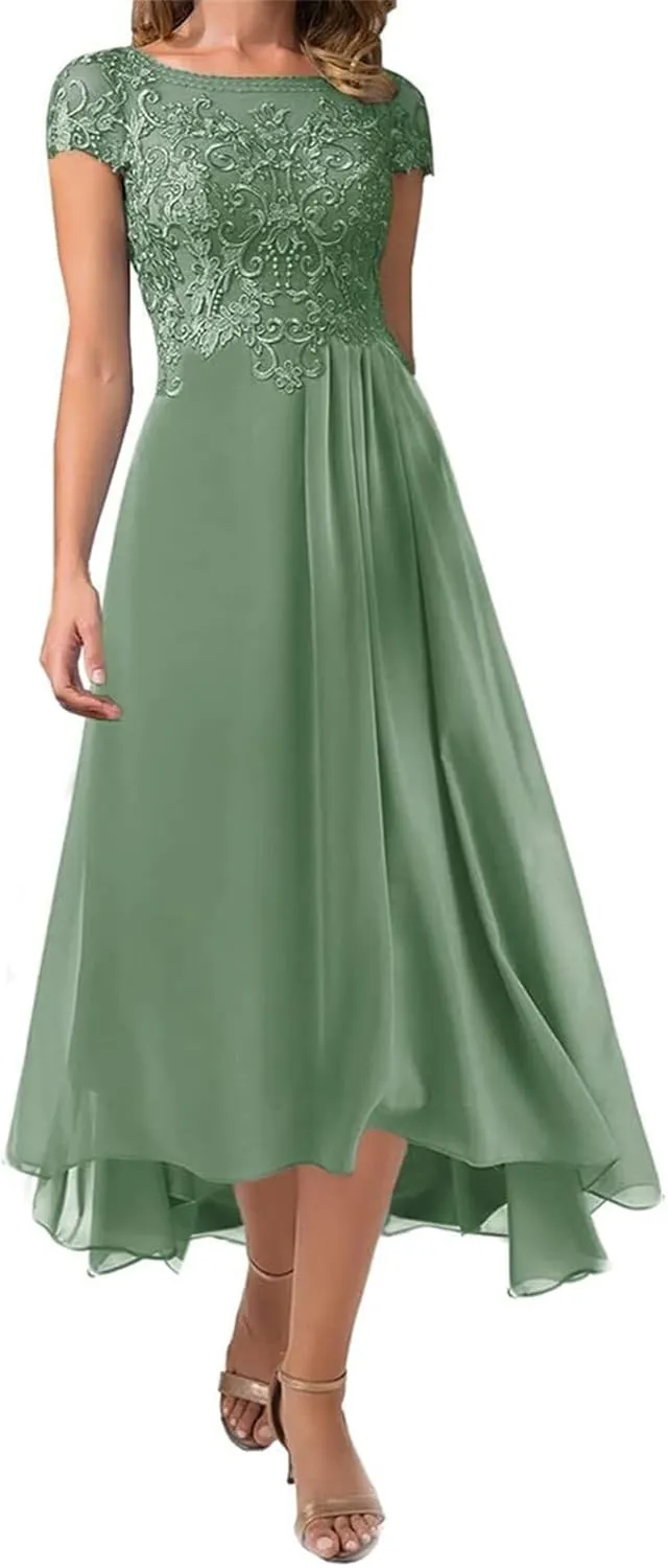 Tea Length Mother of The Bride Dresses Scoop Neck Lace Appliques Ruffle Chiffon Formal Wedding Guest Evening Dresses