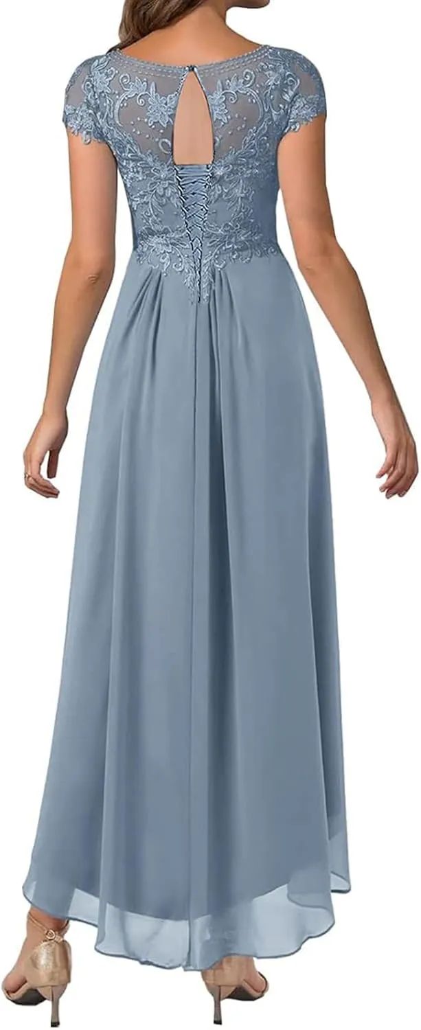 Tea Length Mother of The Bride Dresses Scoop Neck Lace Appliques Ruffle Chiffon Formal Wedding Guest Evening Dresses