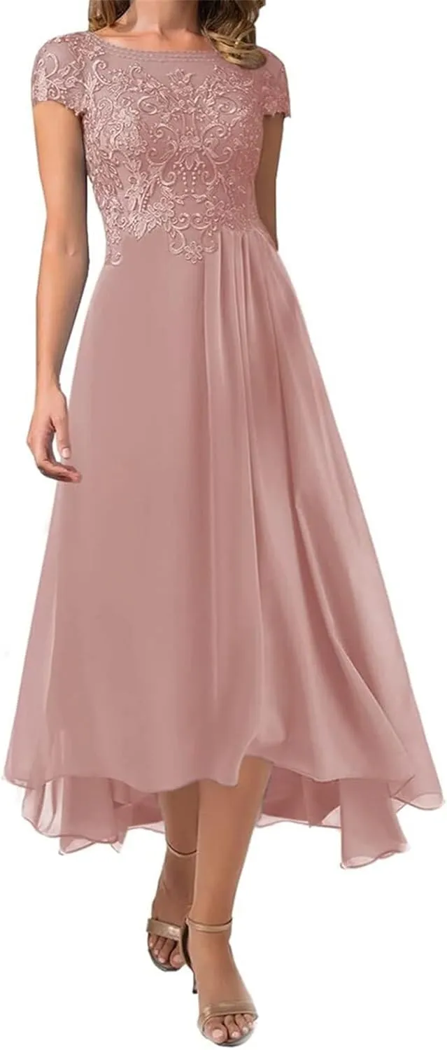 Tea Length Mother of The Bride Dresses Scoop Neck Lace Appliques Ruffle Chiffon Formal Wedding Guest Evening Dresses