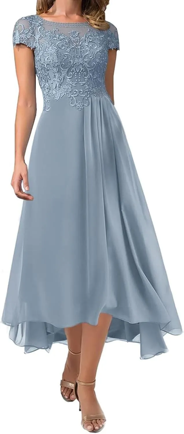 Tea Length Mother of The Bride Dresses Scoop Neck Lace Appliques Ruffle Chiffon Formal Wedding Guest Evening Dresses