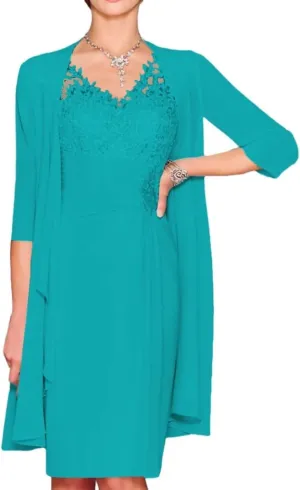 Tea Length Mother of The Bride Dresses with Jacket Long Sleeve V Neck Lace Chiffon Formal Evening Gowns