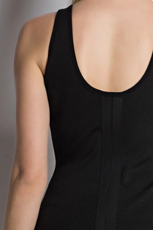 THE MYSTYLEMODE BLACK LIGHTWEIGHT BANDAGE V NECK MIDI DRESS
