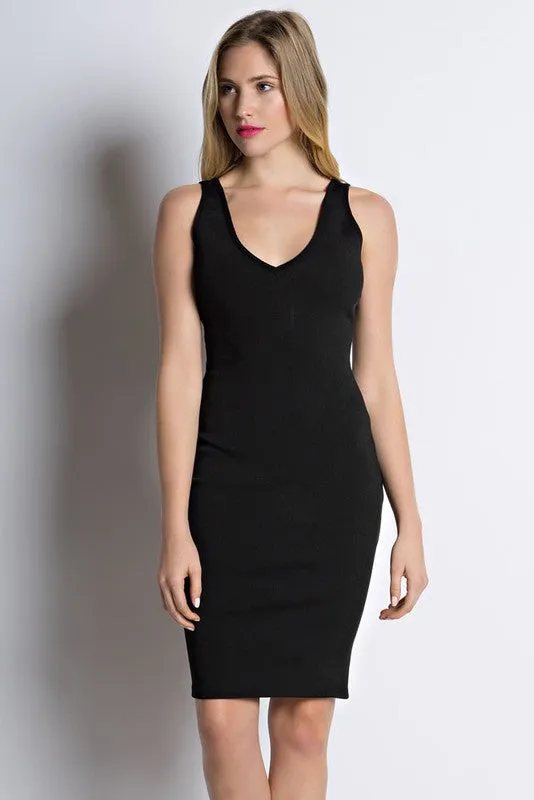 THE MYSTYLEMODE BLACK LIGHTWEIGHT BANDAGE V NECK MIDI DRESS