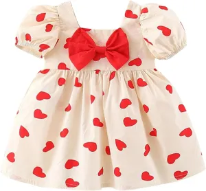 Toddler Baby Girls Short Sleeve Dress Heart Print Bow Ruffle Mini Dresses Kids Princess Casual Party Summer Dress Gifts