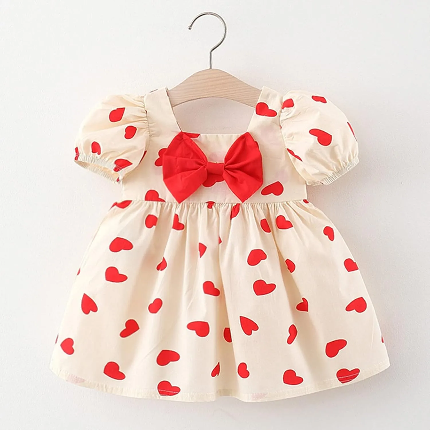 Toddler Baby Girls Short Sleeve Dress Heart Print Bow Ruffle Mini Dresses Kids Princess Casual Party Summer Dress Gifts