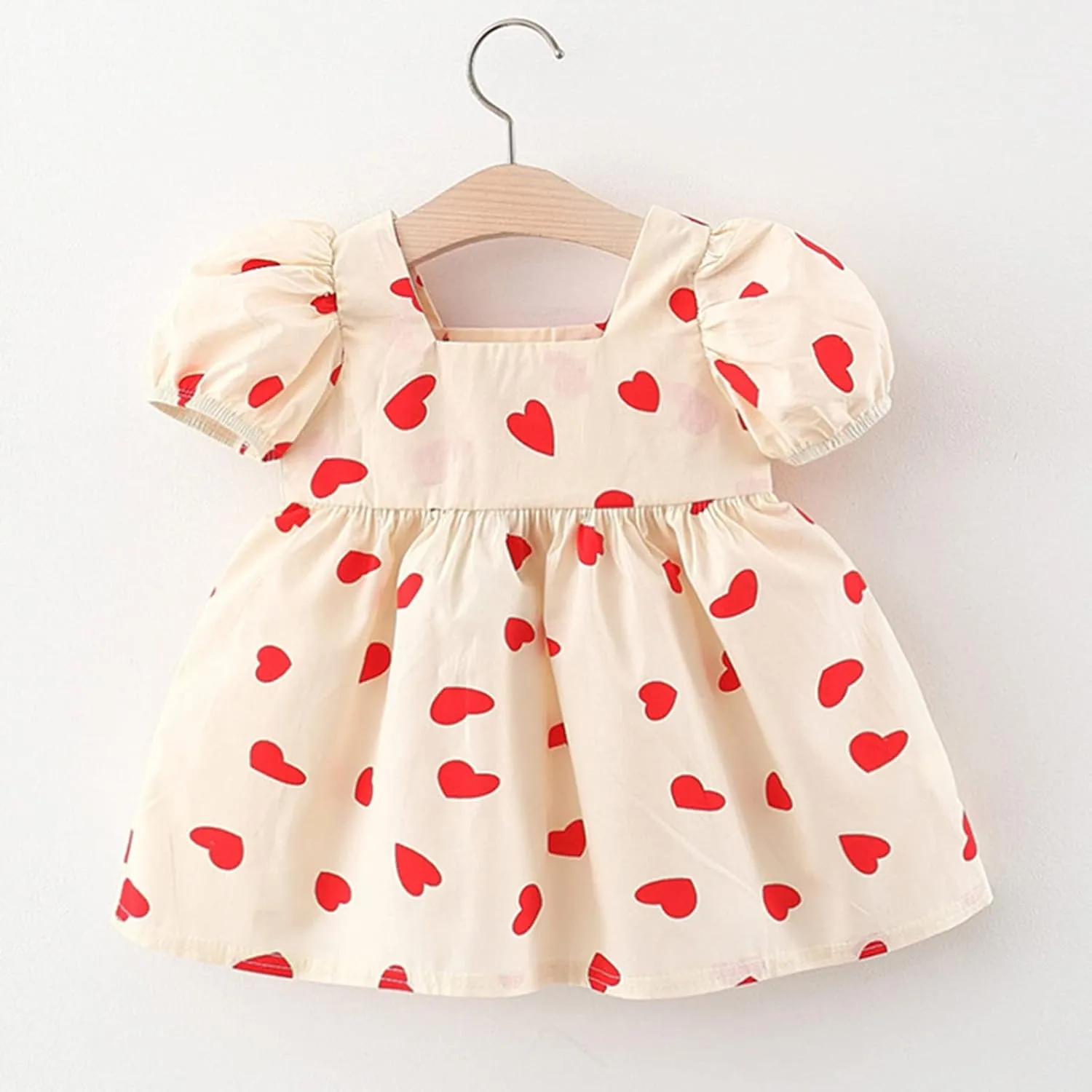 Toddler Baby Girls Short Sleeve Dress Heart Print Bow Ruffle Mini Dresses Kids Princess Casual Party Summer Dress Gifts