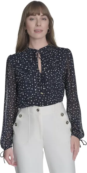 Tommy Hilfiger Women's Long Sleeve Dot Print Tie Neck Blouse