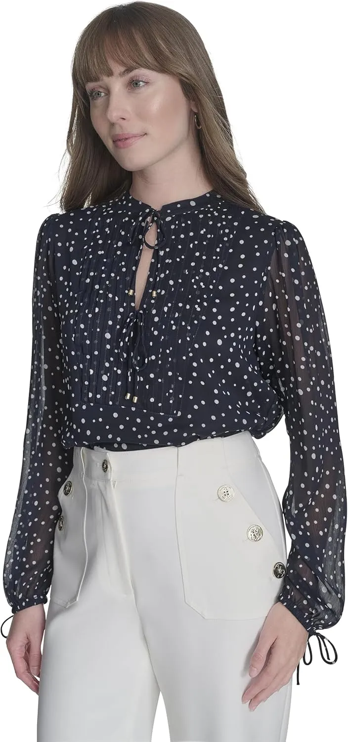 Tommy Hilfiger Women's Long Sleeve Dot Print Tie Neck Blouse