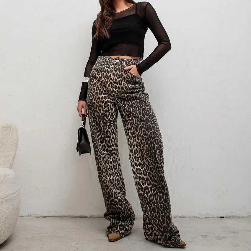 Trendy and Bold Streetwear Style High Waist Leopard Print Straight Pants