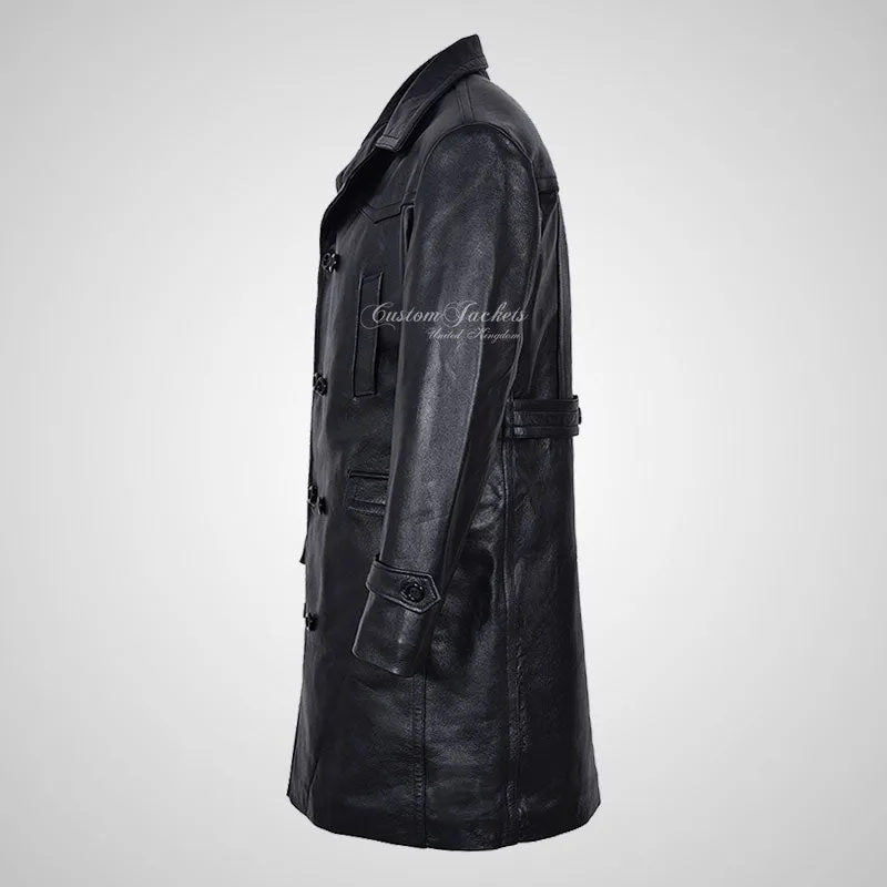 U-BOAT Double Breasted Long Military Style Leather Coat Black