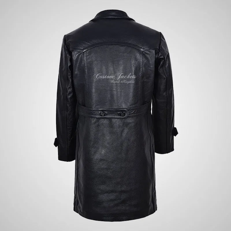 U-BOAT Double Breasted Long Military Style Leather Coat Black
