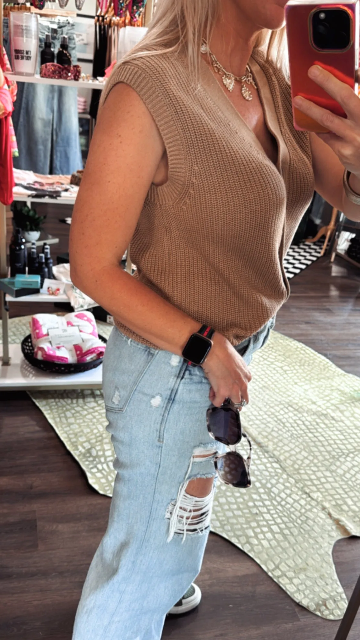 V Neck Button Down Vest in Toffee