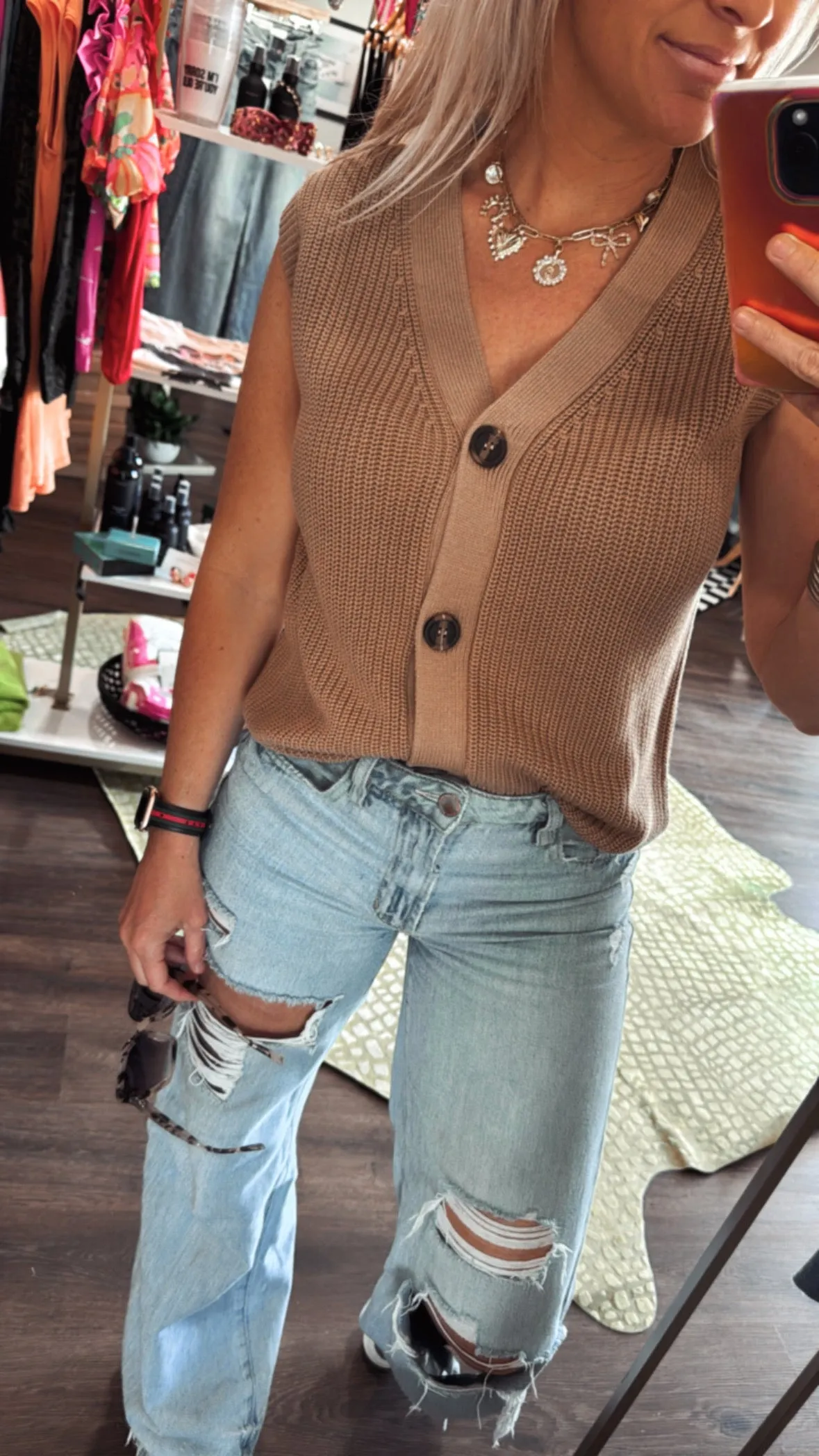 V Neck Button Down Vest in Toffee
