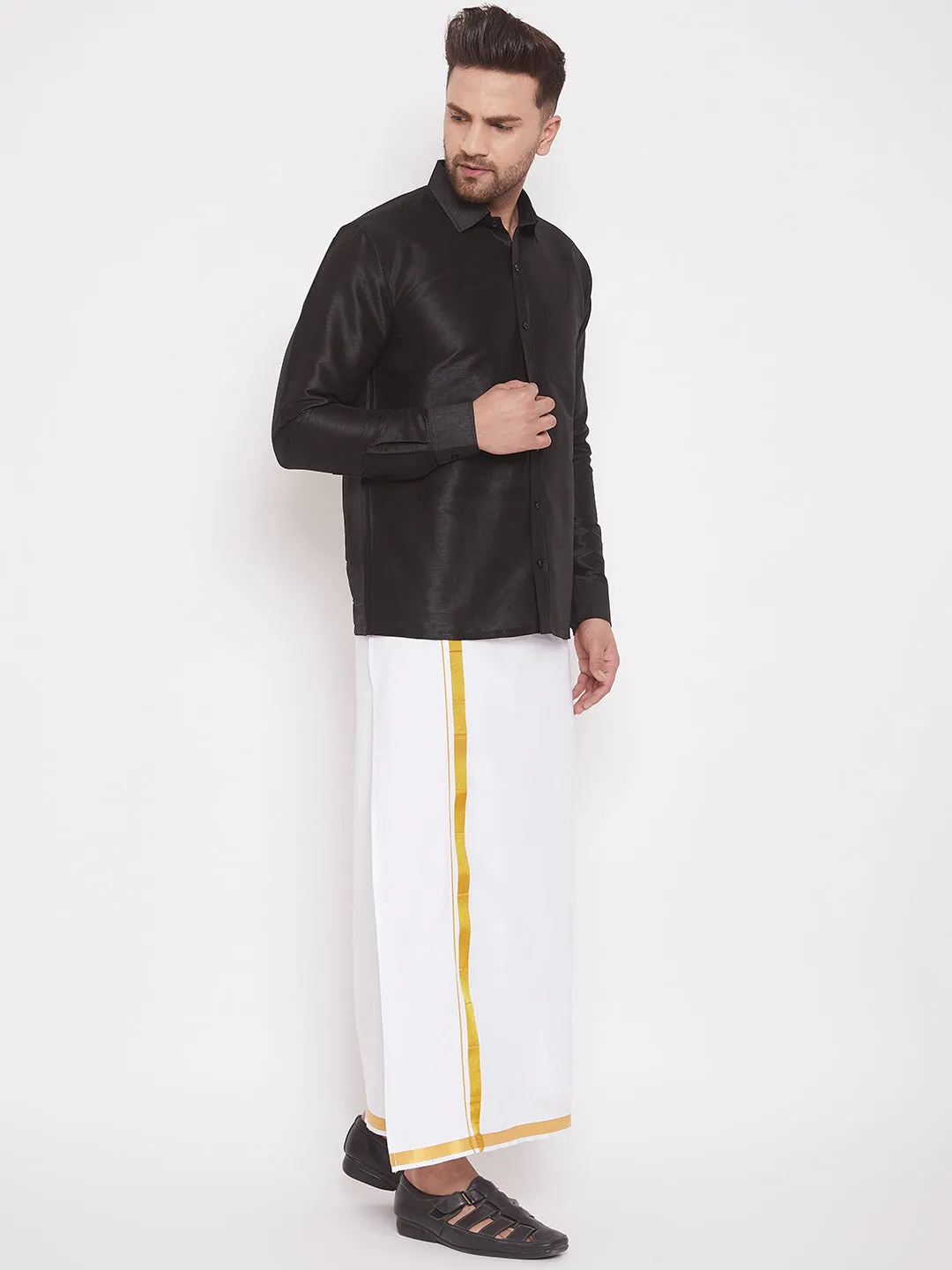 VASTRAMAY Men's & Boys Black Solid Silk Blend Full Sleeve Ethnic Shirt And Mundu Set
