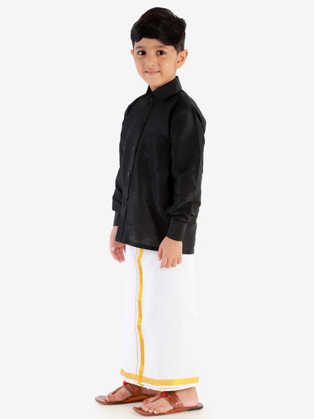 VASTRAMAY Men's & Boys Black Solid Silk Blend Full Sleeve Ethnic Shirt And Mundu Set