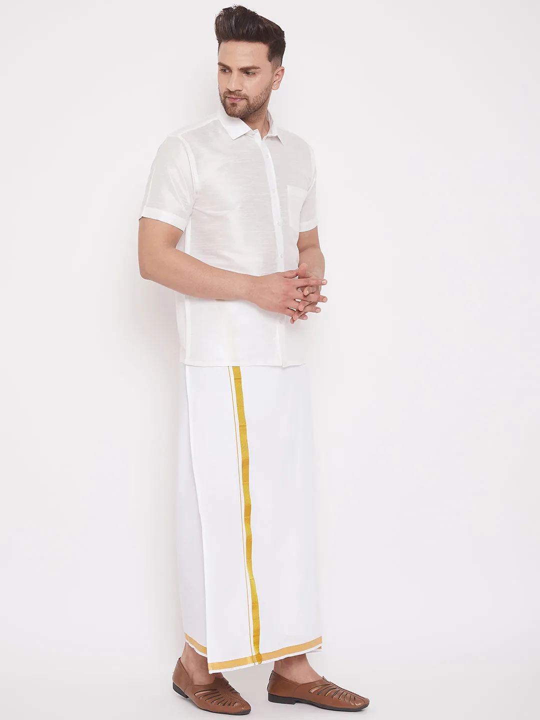 VASTRAMAY Men's & Boys White Solid Silk Blend Half Sleeve Ethnic Shirt And Mundu Set