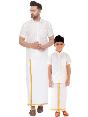 VASTRAMAY Men's & Boys White Solid Silk Blend Half Sleeve Ethnic Shirt And Mundu Set