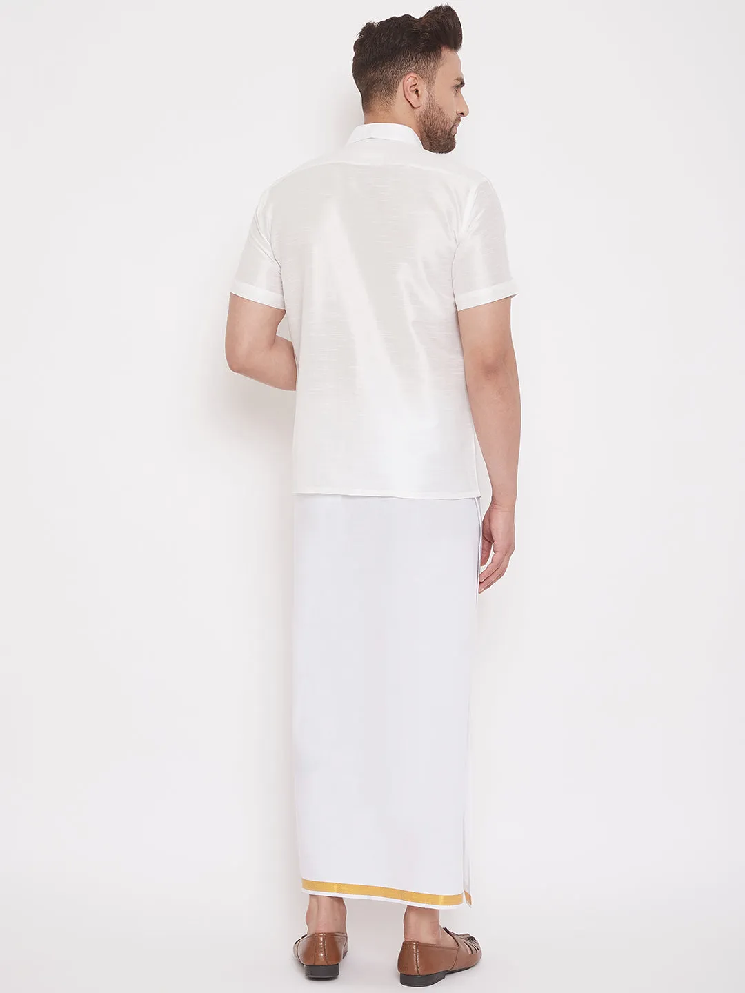 VASTRAMAY Men's & Boys White Solid Silk Blend Half Sleeve Ethnic Shirt And Mundu Set