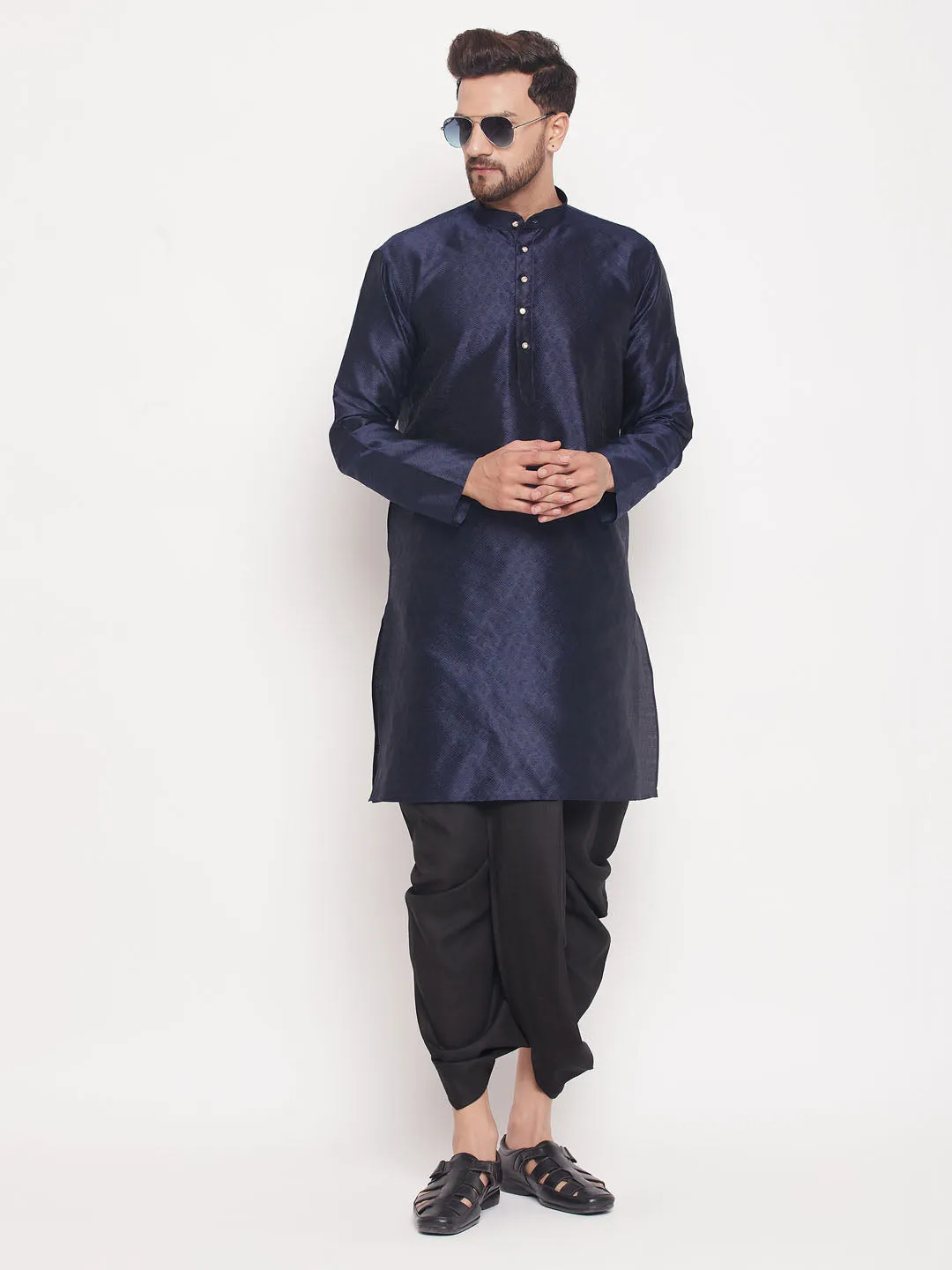 VASTRAMAY Men's Black Silk Blend Solid Pleated Dhoti