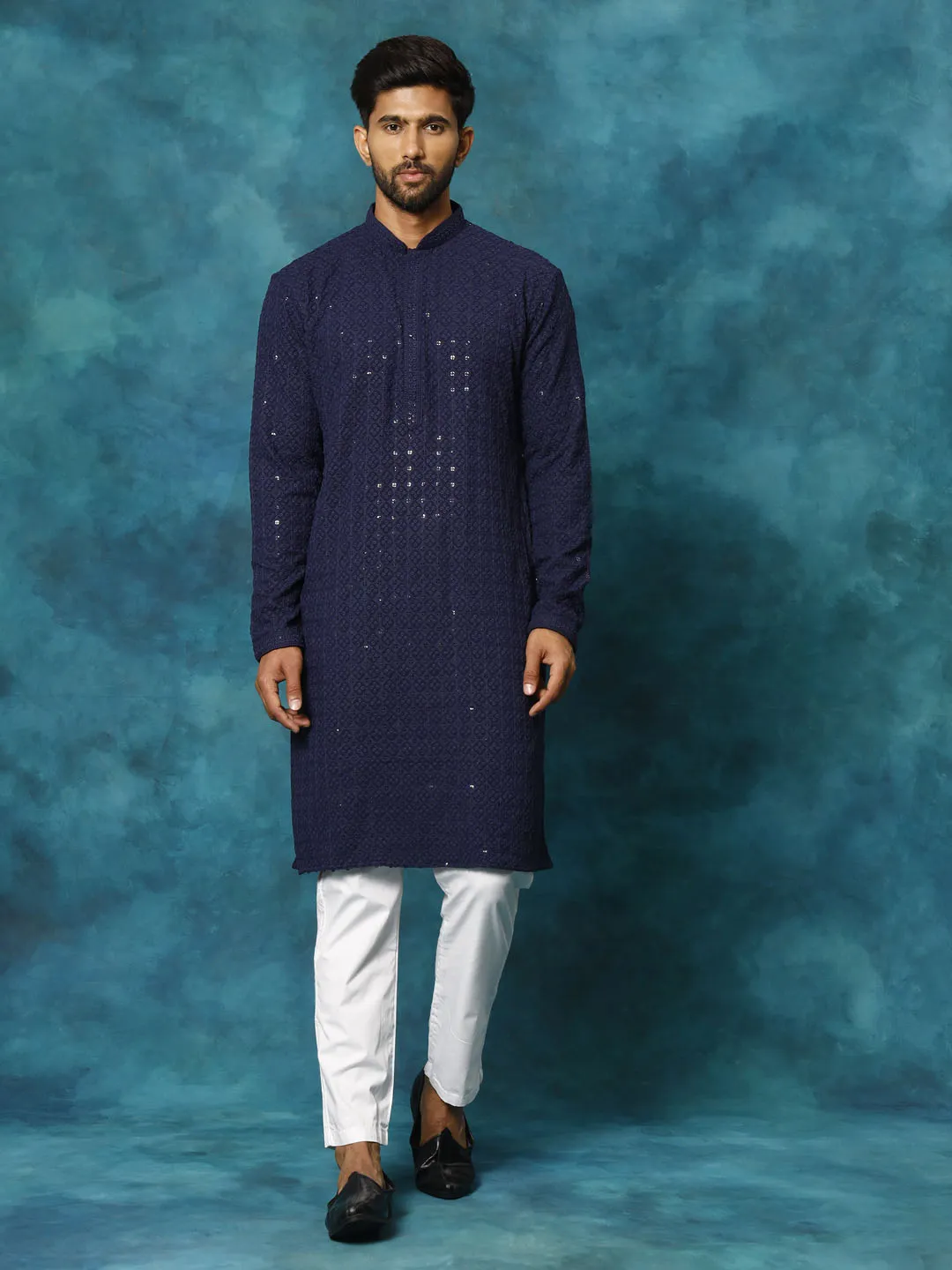 Vastramay Men's Navy Blue Schiffli Kurta Set