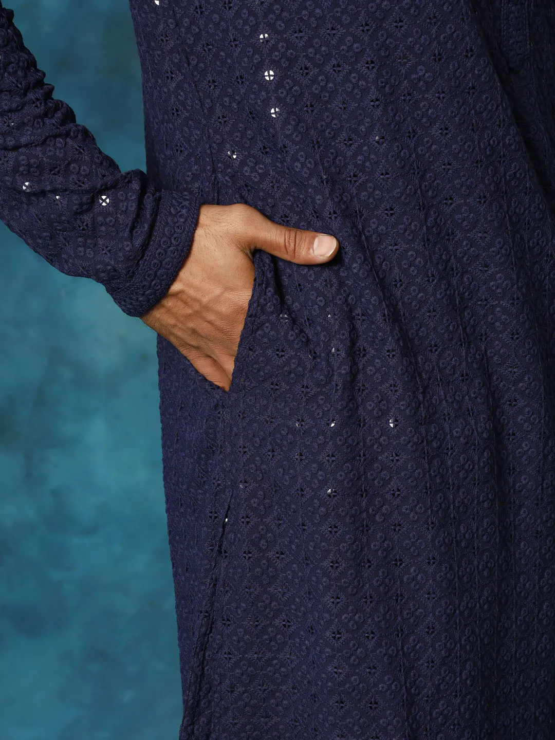 Vastramay Men's Navy Blue Schiffli Kurta Set