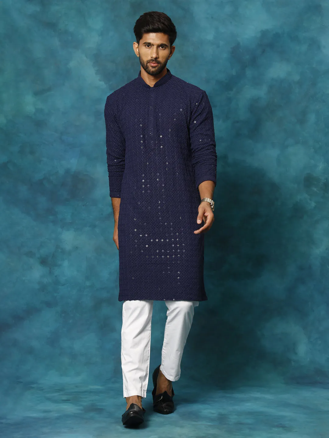 Vastramay Men's Navy Blue Schiffli Kurta Set