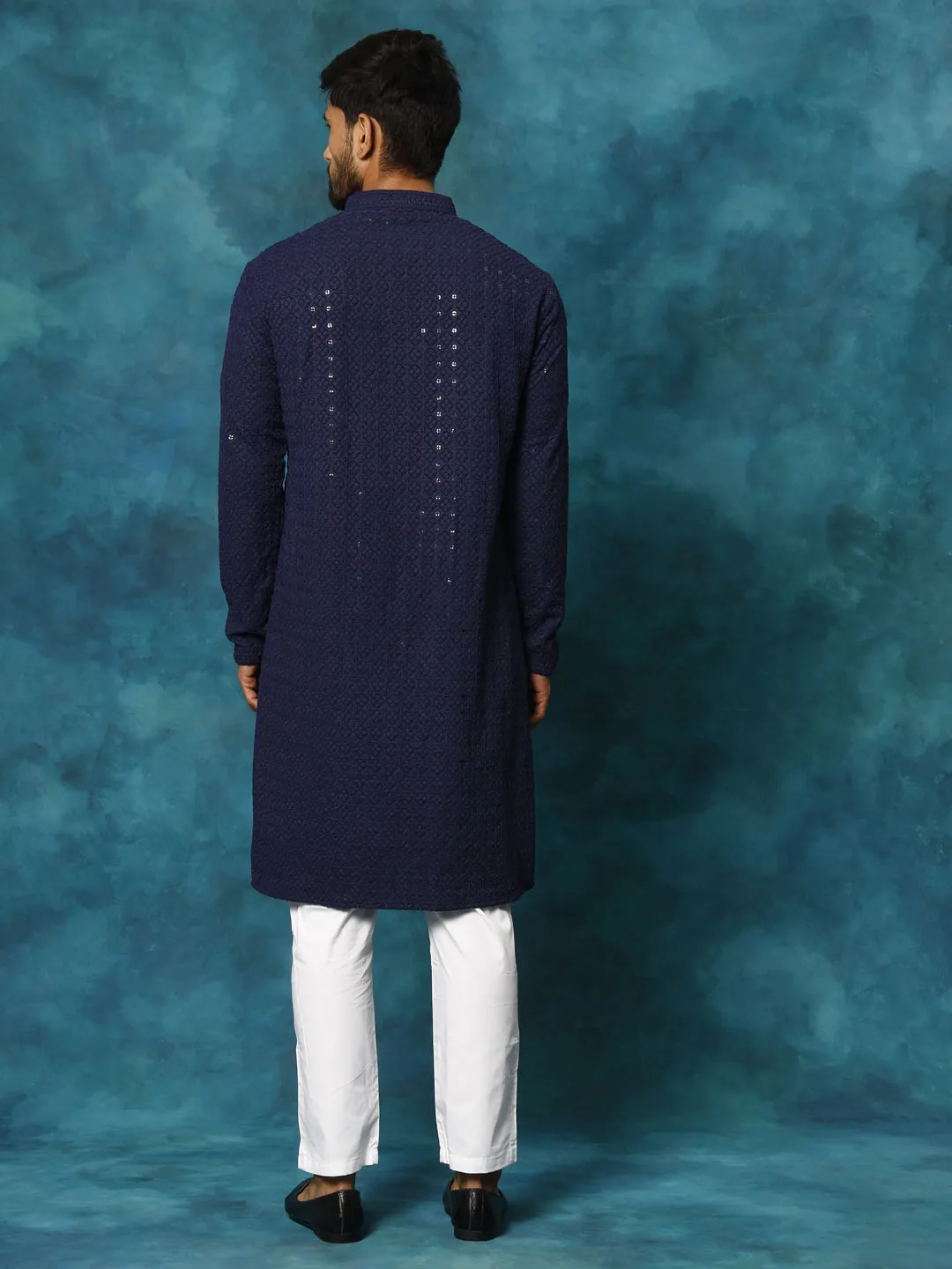 Vastramay Men's Navy Blue Schiffli Kurta Set