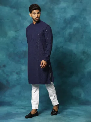 Vastramay Men's Navy Blue Schiffli Kurta Set