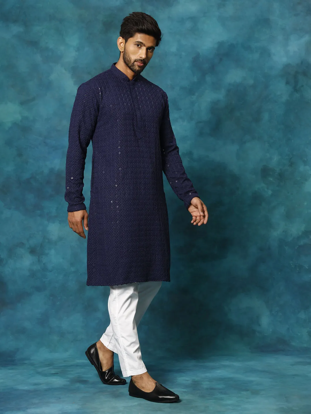 Vastramay Men's Navy Blue Schiffli Kurta Set