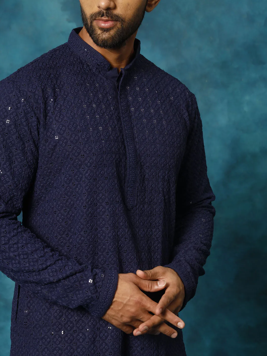 Vastramay Men's Navy Blue Schiffli Kurta Set