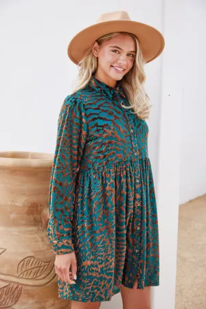 Velvet Leopard Print Button-Up Baby Doll Dress