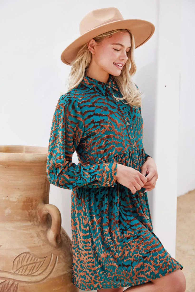 Velvet Leopard Print Button-Up Baby Doll Dress