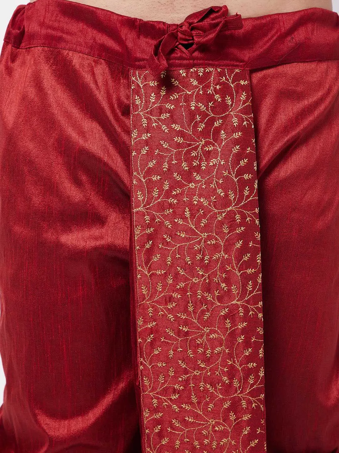 VM BY VASTRAMAY Men's Maroon Silk Blend Embroidered Dhoti