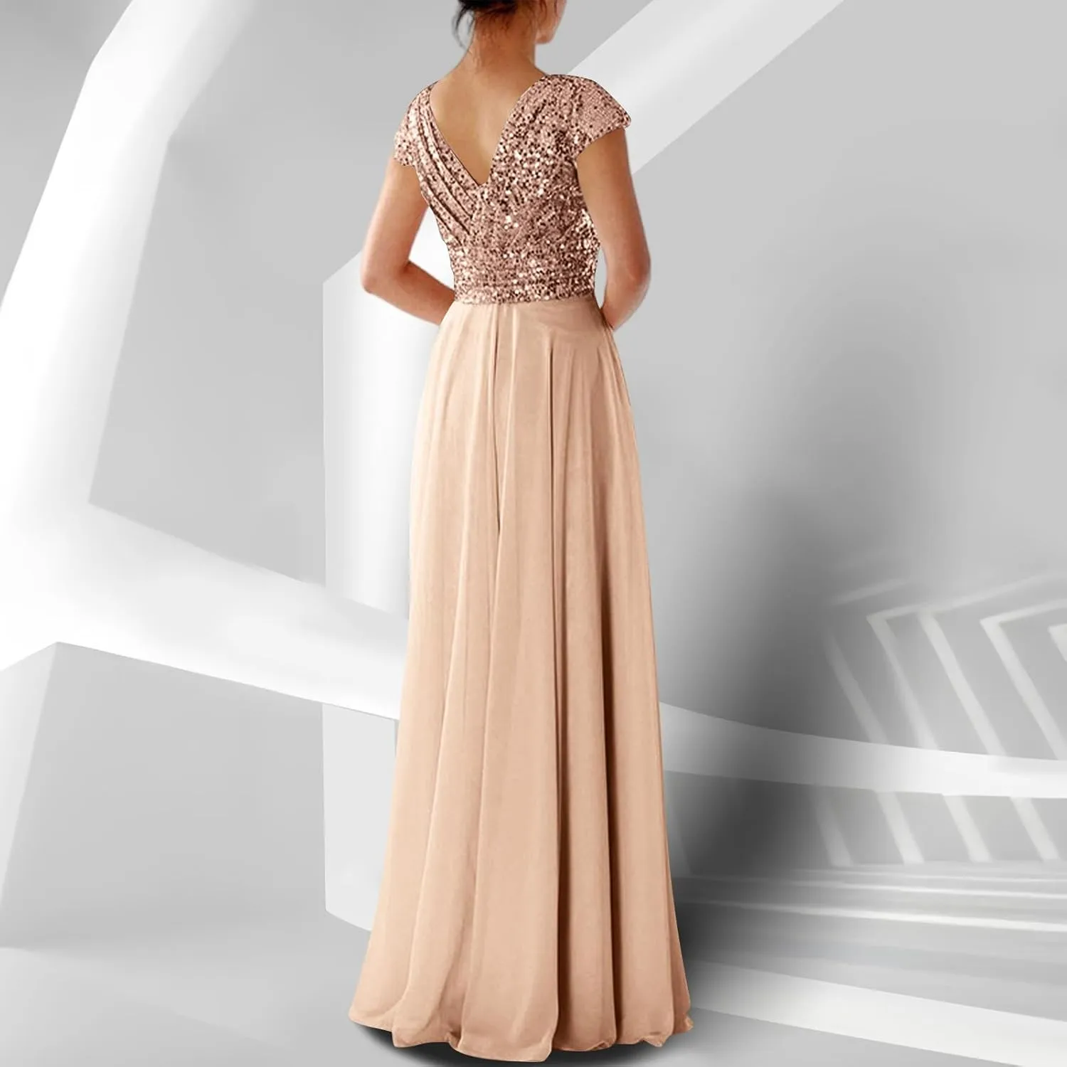 Wedding Guest Dresses for Women Glitter Sequin Long Formal Evening Gown V Neck Cap Sleeve High Waist Chiffon Maxi Dress