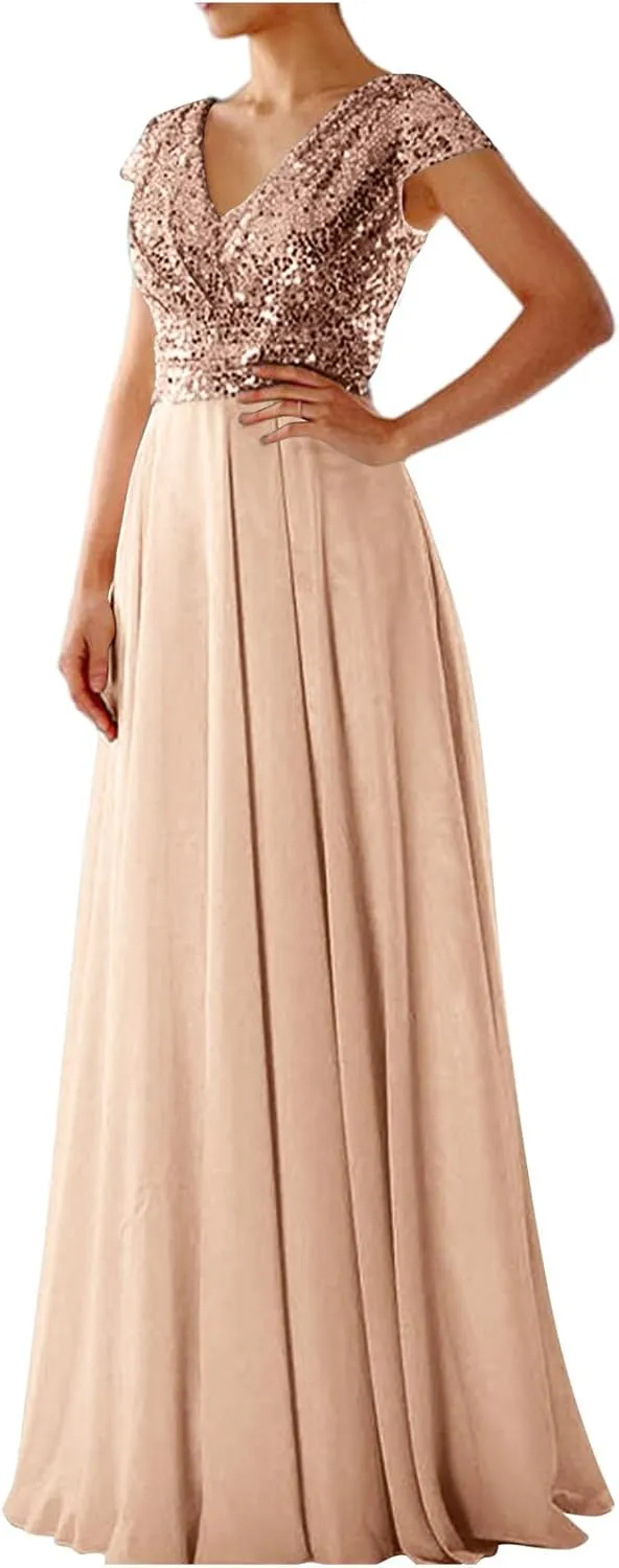 Wedding Guest Dresses for Women Glitter Sequin Long Formal Evening Gown V Neck Cap Sleeve High Waist Chiffon Maxi Dress