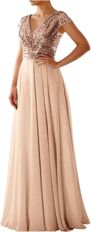 Wedding Guest Dresses for Women Glitter Sequin Long Formal Evening Gown V Neck Cap Sleeve High Waist Chiffon Maxi Dress