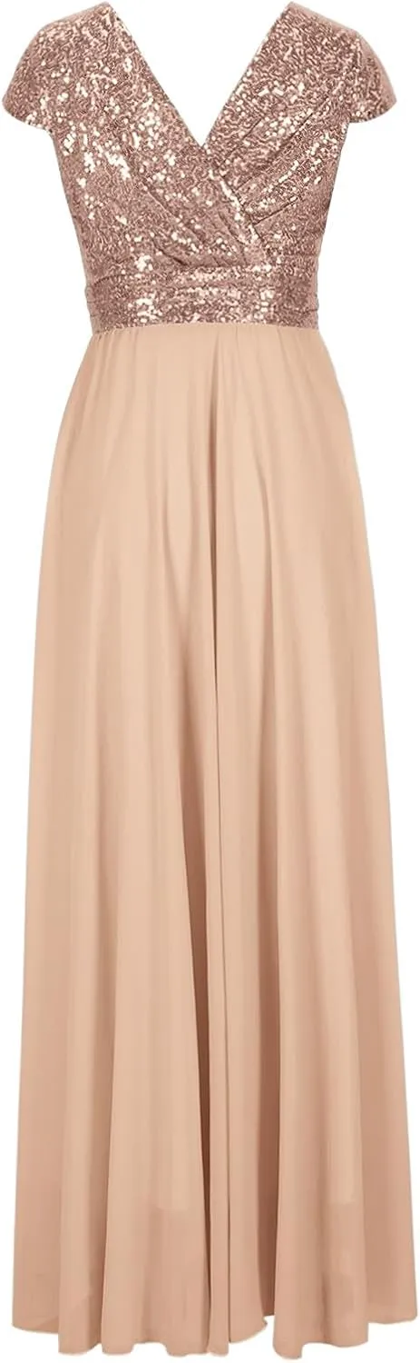 Wedding Guest Dresses for Women Glitter Sequin Long Formal Evening Gown V Neck Cap Sleeve High Waist Chiffon Maxi Dress