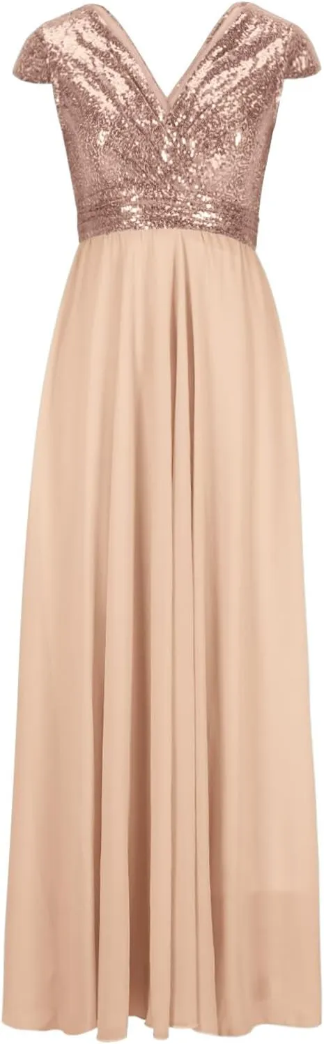 Wedding Guest Dresses for Women Glitter Sequin Long Formal Evening Gown V Neck Cap Sleeve High Waist Chiffon Maxi Dress