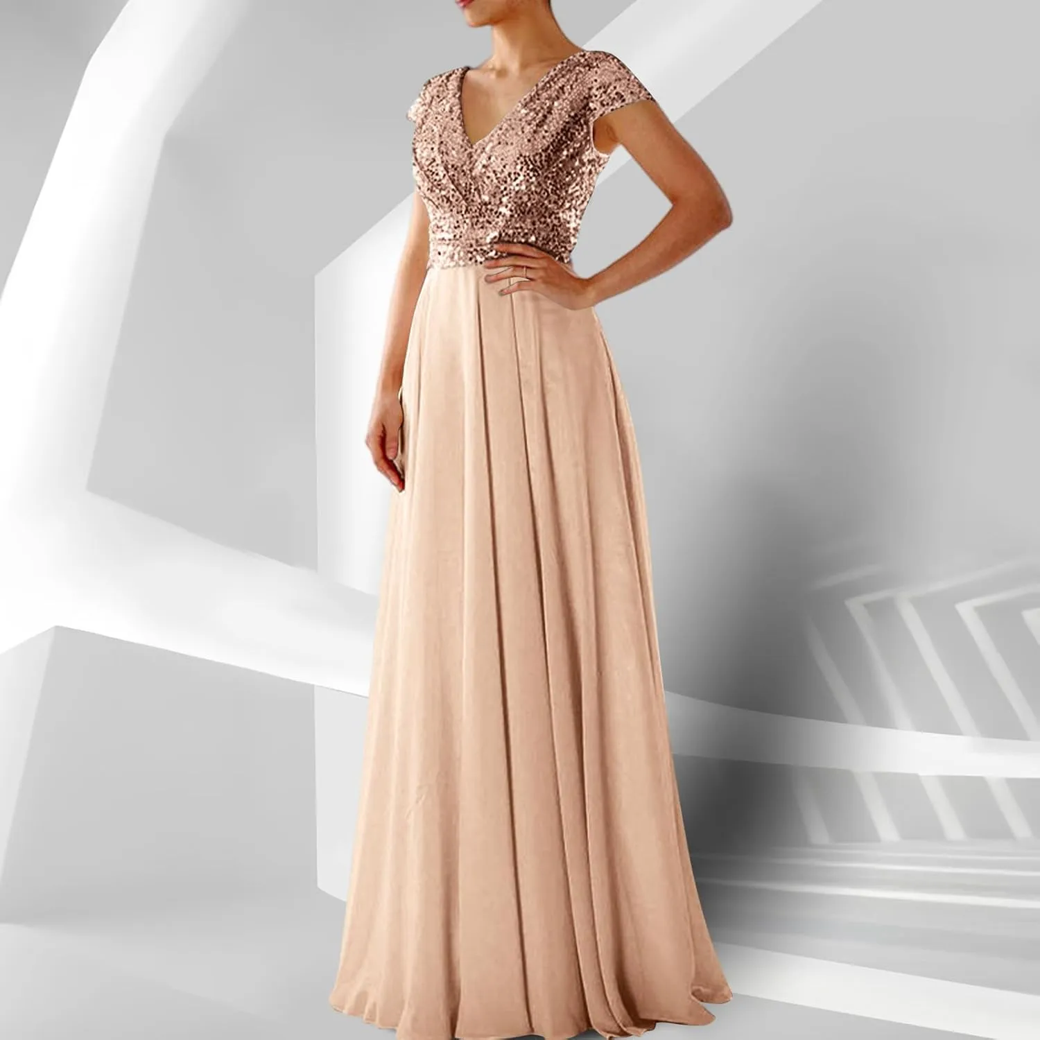 Wedding Guest Dresses for Women Glitter Sequin Long Formal Evening Gown V Neck Cap Sleeve High Waist Chiffon Maxi Dress