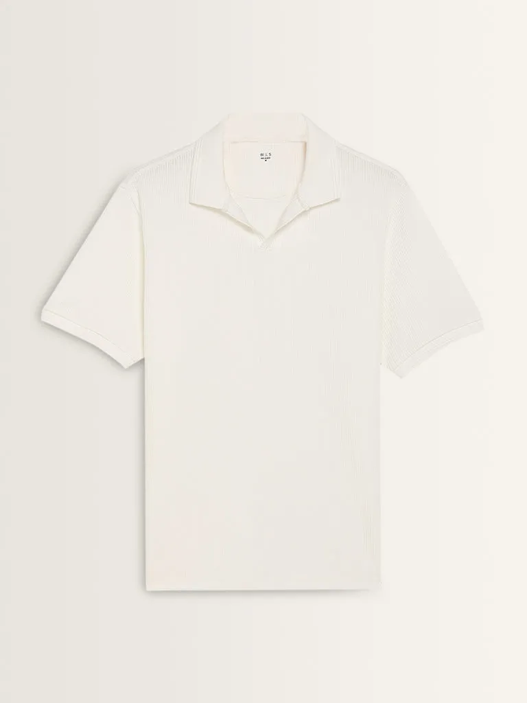 WES Casuals White Knitted Relaxed-Fit Cotton Polo T-Shirt