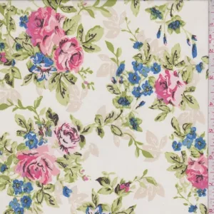White/Pink/Blue Rose Bunch Georgette Fabric