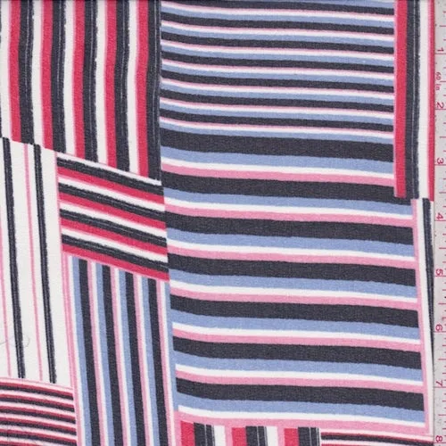 White/Red/Navy Linear Patch Crepe Georgette Fabric