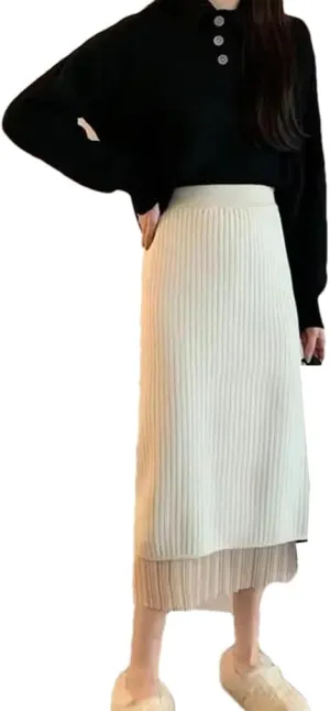 Winter Solid Color Pencil Basic Skirt Patchwork A-Line Skirt Women High Waist Knitted Pleated Split Midi Skirts