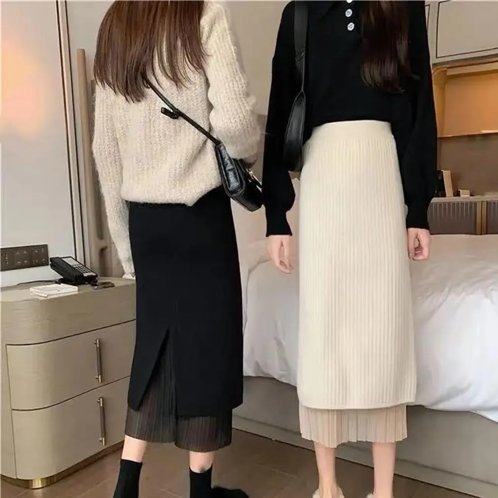 Winter Solid Color Pencil Basic Skirt Patchwork A-Line Skirt Women High Waist Knitted Pleated Split Midi Skirts