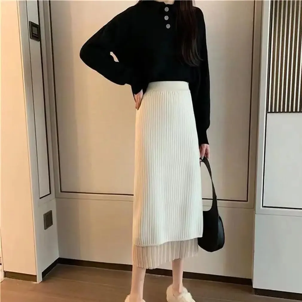 Winter Solid Color Pencil Basic Skirt Patchwork A-Line Skirt Women High Waist Knitted Pleated Split Midi Skirts