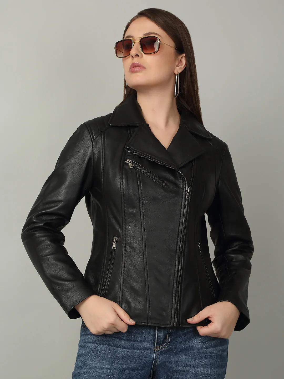 Women Classic Black Biker Leather Jacket