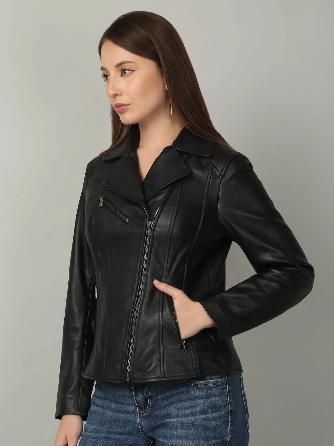 Women Classic Black Biker Leather Jacket