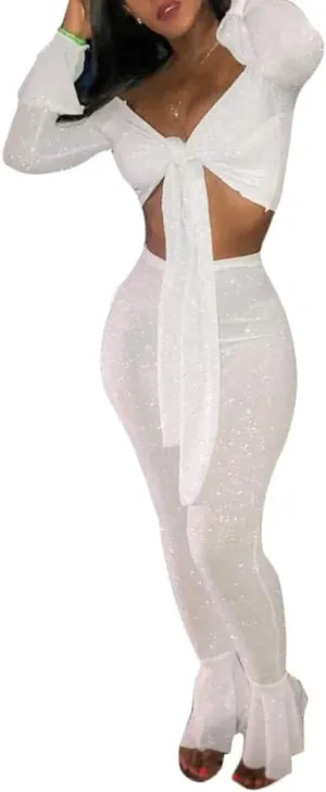 Women Shinny 2 Piece Outfits Off Shoulder Sexy V Neck Crop Top Ruffle Bell Bottom Pant Jumpsuit Sets
